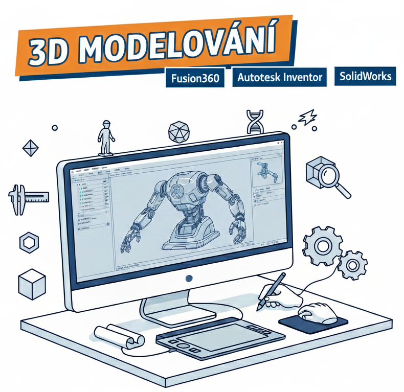 Ilustrace 3D modelování robota na počítači